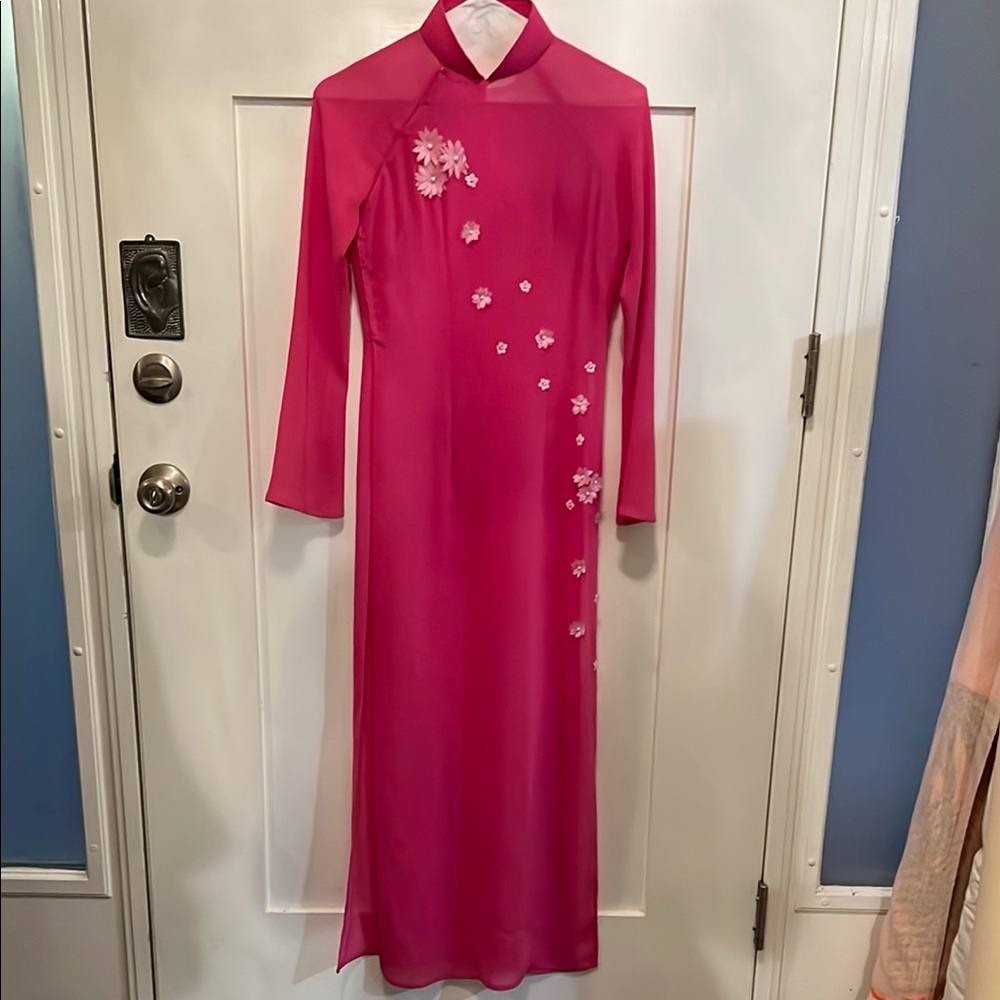 Vintage Fuchsia Crepe Mandarin Collar Split Dress